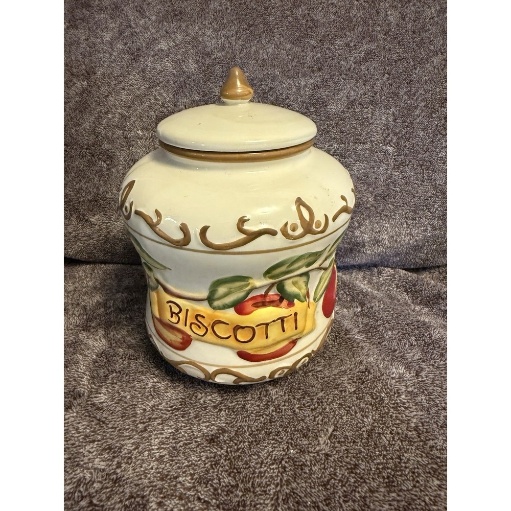 VTG 7.5HAND PAINTED NONNI'S BISCOTTI BISCUIT COOKIE CANNISTER JAR W/APPLE Design